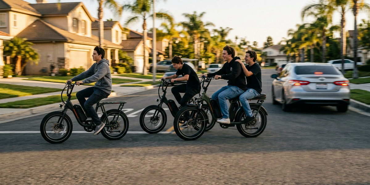 Firefly_Photorealistic news-style photo of three teenagers riding e-bikes at high speed down 972771 (1)
